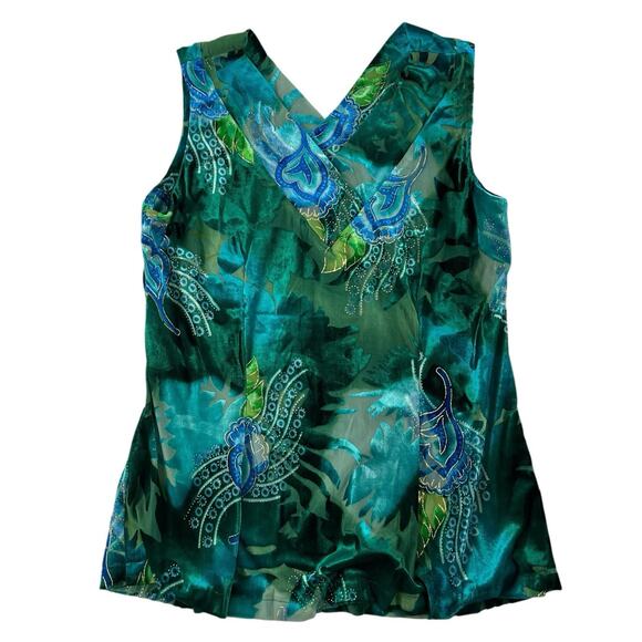 Unbranded Tops - Vintage 2000s Women's S Velvet Burnout Top Teal Gold V-Neck Sleeveless Blouse